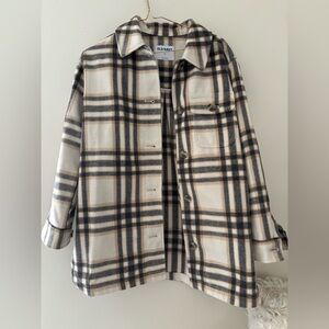 Old Navy Cream Plaid Utility Shacket with Black and Tan Stripes